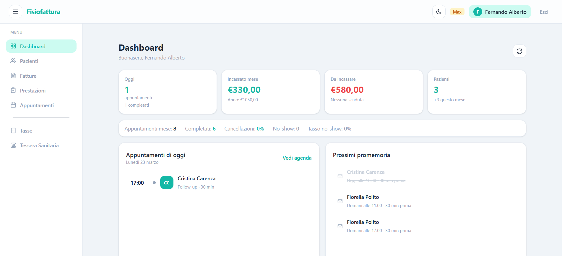 Dashboard Fisiofattura con KPI, appuntamenti e promemoria
