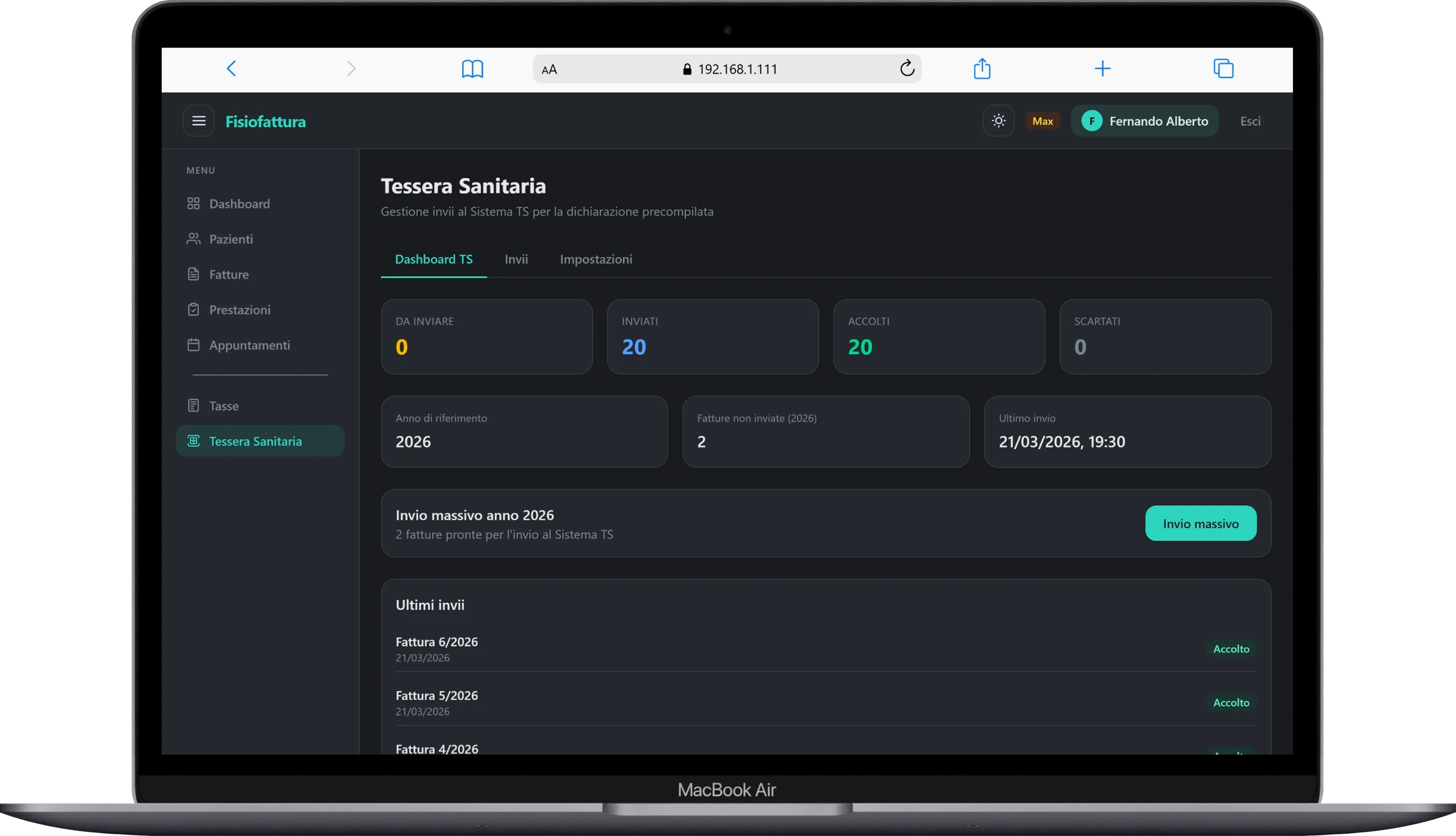 Dashboard Tessera Sanitaria con KPI invii